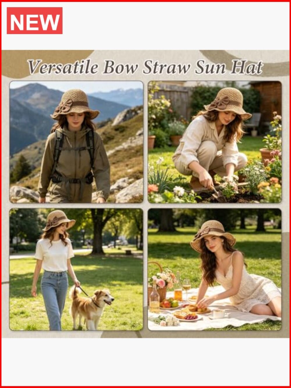Woven Straw Wide Brim Sun Hat with Bow, Adjustable, Foldable for Travel - Picture 7 of 7